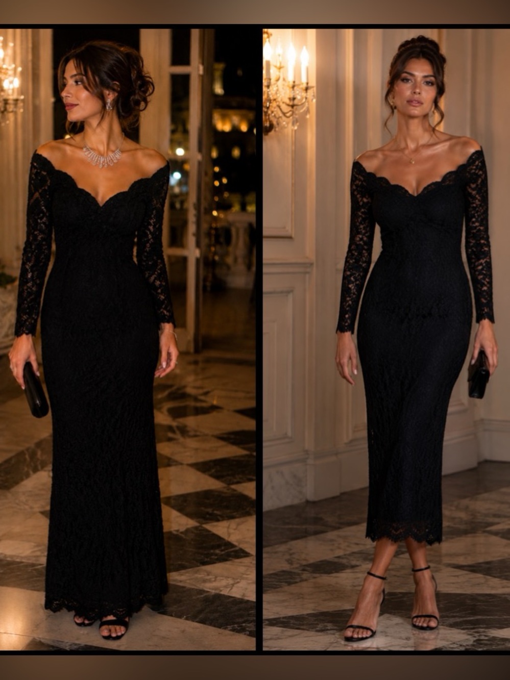 Vintage Black Lace Formal Gown Corset Back Scalloped Neckline Gala Black Tie